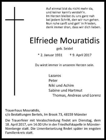 Anzeige von Elfriede Mouratidis von Westfälische Nachrichten