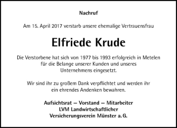Anzeige von Elfriede Krude von Westfälische Nachrichten