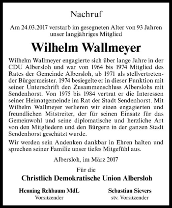 Anzeige von Anni Wallmeyer von Westfälische Nachrichten