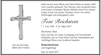 Anzeige von Toni Reichstein von Westfälische Nachrichten