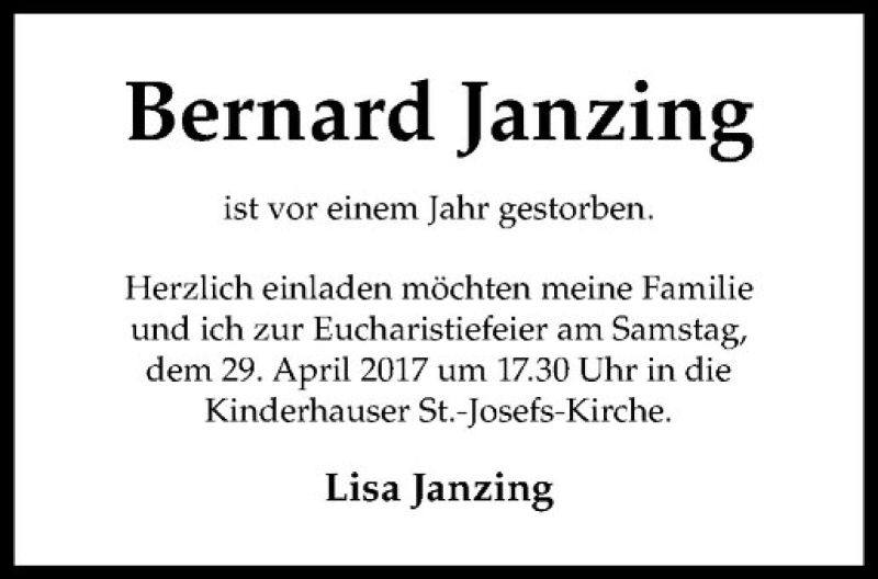  Traueranzeige für Bernard Janzing vom 25.04.2017 aus Westfälische Nachrichten