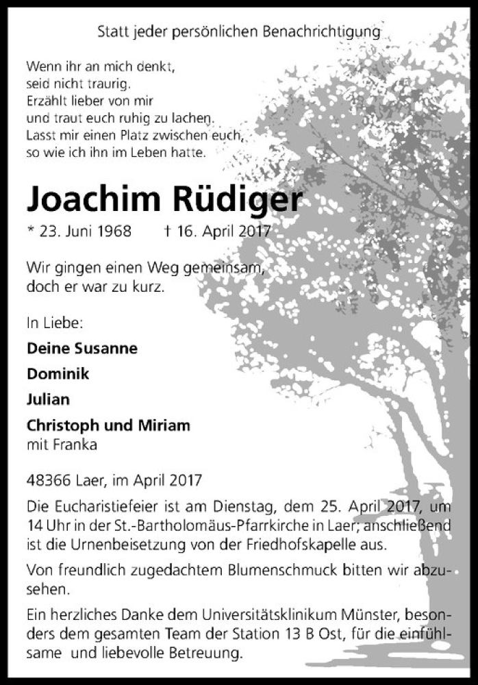  Traueranzeige für Joachim Rüdiger vom 22.04.2017 aus Westfälische Nachrichten