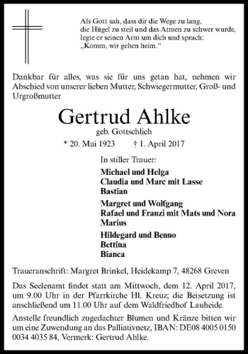 Anzeige von Gertrud Ahlke von Westfälische Nachrichten