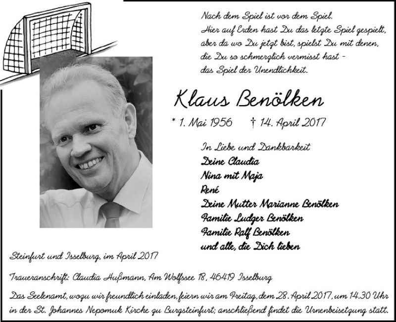  Traueranzeige für Klaus Benölken vom 22.04.2017 aus Westfälische Nachrichten