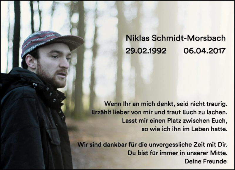  Traueranzeige für Niklas Schmidt-Morsbach vom 14.04.2017 aus Westfälische Nachrichten
