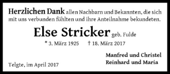 Anzeige von Else Stricker von Westfälische Nachrichten