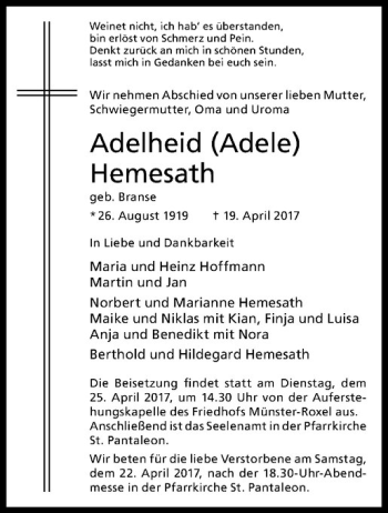 Anzeige von Adelheid Hemesath von Westfälische Nachrichten