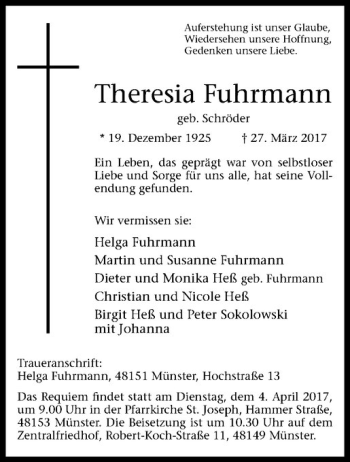 Anzeige von Theresie Fuhrmann von Westfälische Nachrichten