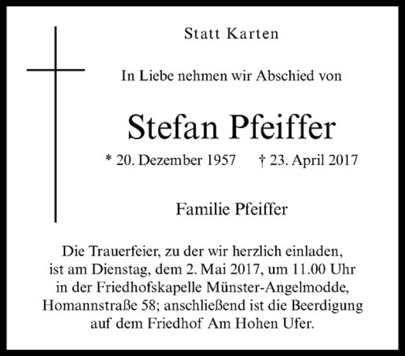  Traueranzeige für Stefan Pfeifer vom 27.04.2017 aus Westfälische Nachrichten