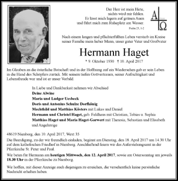 Anzeige von Hermann Haget von Westfälische Nachrichten