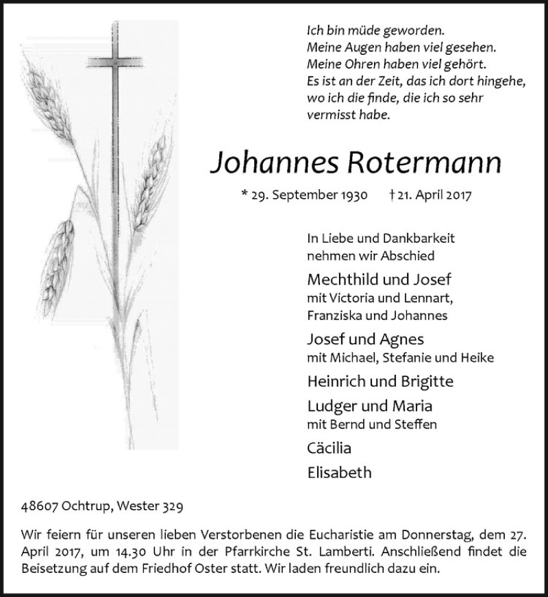  Traueranzeige für Johannes Rotermann vom 24.04.2017 aus Westfälische Nachrichten