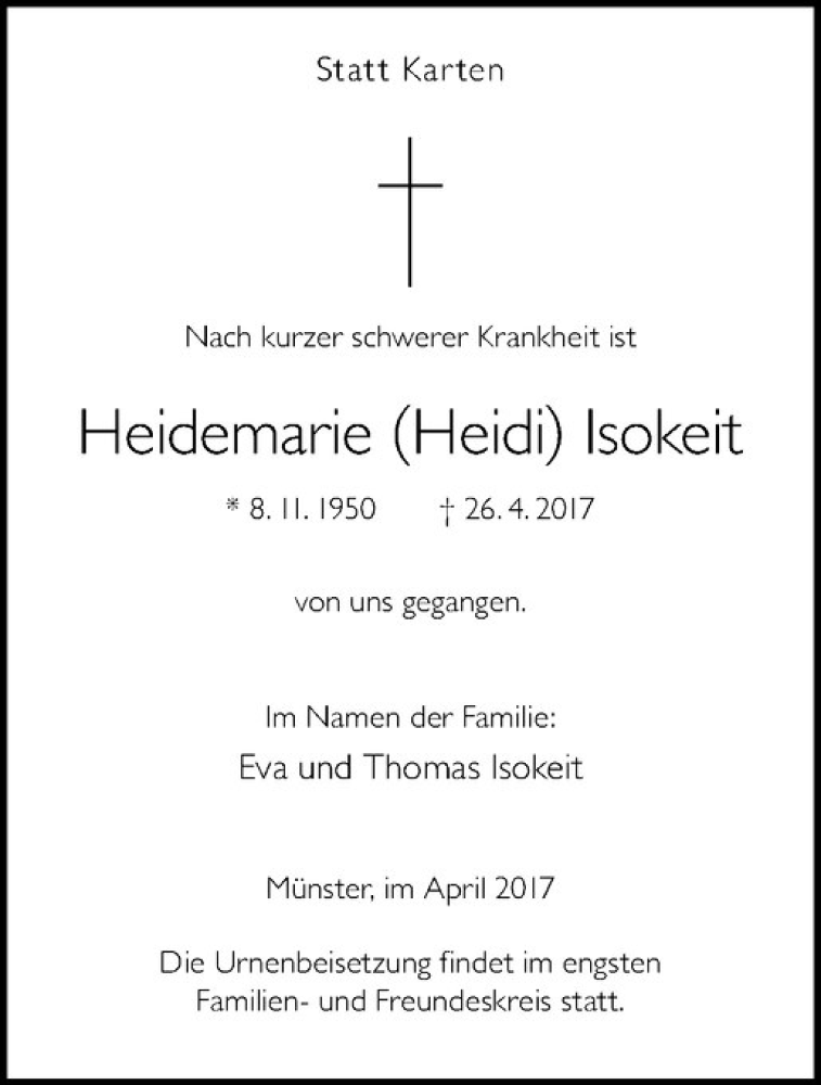  Traueranzeige für Heidemarie Isokeit vom 29.04.2017 aus Westfälische Nachrichten