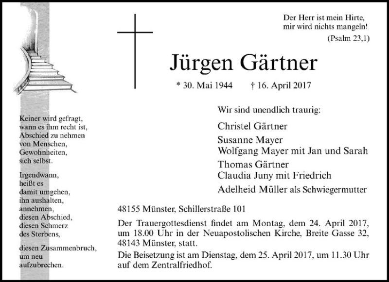  Traueranzeige für Jürgen Gärtner vom 19.04.2017 aus Westfälische Nachrichten