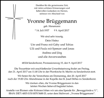 Anzeige von Yvonne Brüggemann von Westfälische Nachrichten