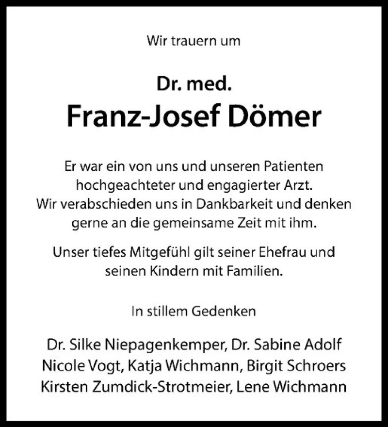  Traueranzeige für Franz-Josef Dömer vom 29.04.2017 aus Westfälische Nachrichten