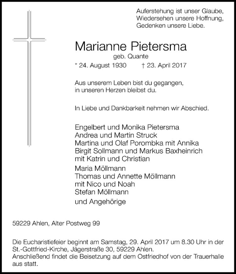  Traueranzeige für Marianne Pietersma vom 26.04.2017 aus Westfälische Nachrichten