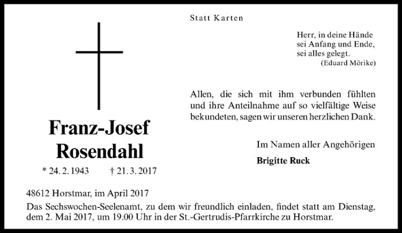  Traueranzeige für Franz-Josef Rosendahl vom 26.04.2017 aus Westfälische Nachrichten