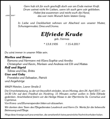 Anzeige von Elfriede Krude von Westfälische Nachrichten