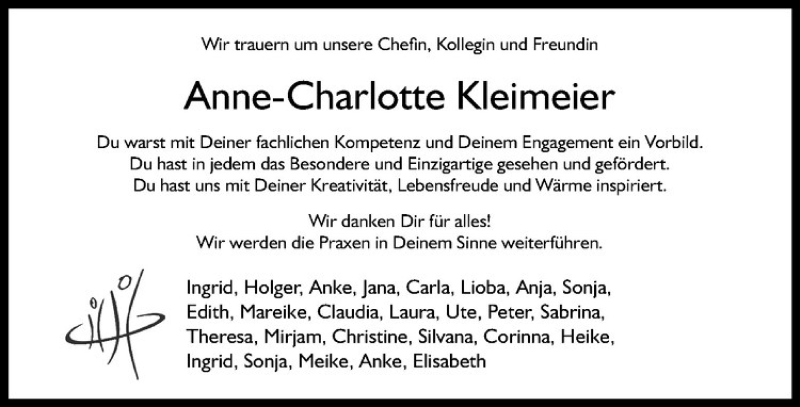  Traueranzeige für Anne-Charlotte Kleimeier vom 29.04.2017 aus Westfälische Nachrichten