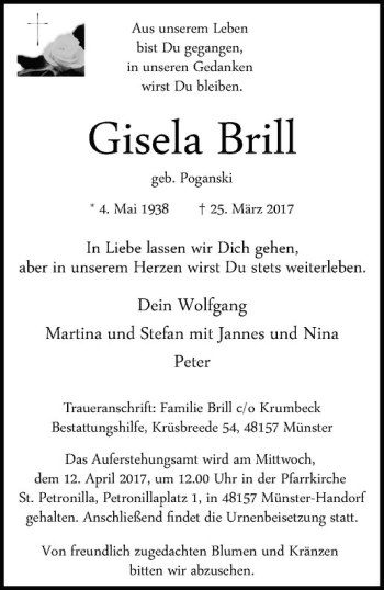 Anzeige von Gisela Brill von Westfälische Nachrichten