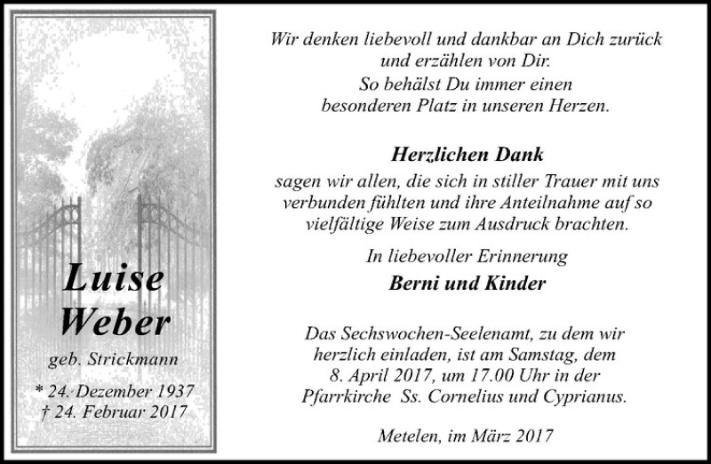  Traueranzeige für Luise Weber vom 06.04.2017 aus Westfälische Nachrichten