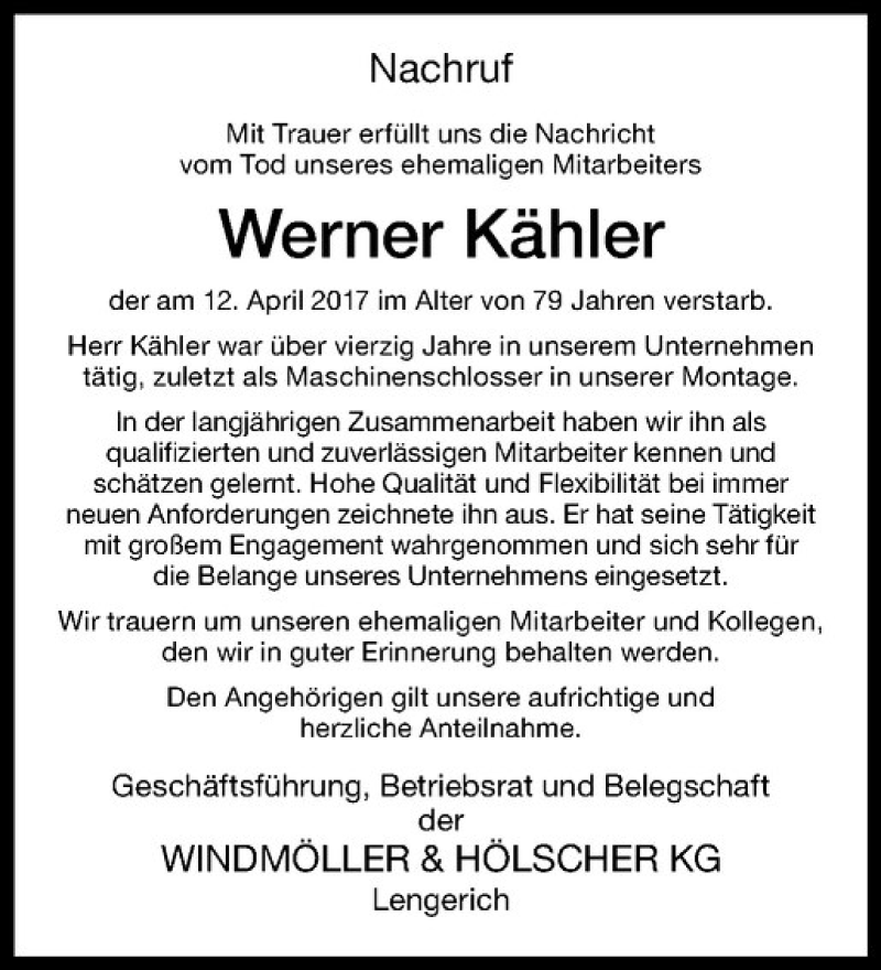  Traueranzeige für Werner Kähler vom 27.04.2017 aus Westfälische Nachrichten