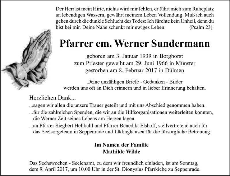  Traueranzeige für Werner Sundermann vom 01.04.2017 aus Westfälische Nachrichten