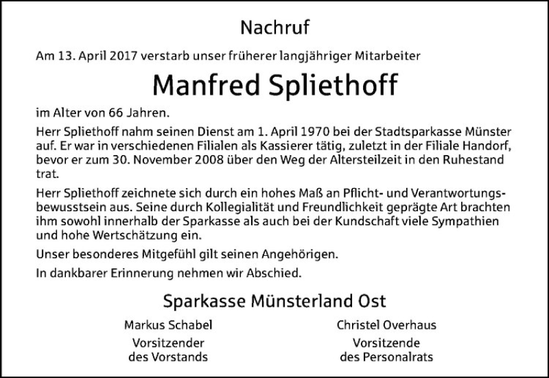  Traueranzeige für Manfred Spliethoff vom 29.04.2017 aus Westfälische Nachrichten