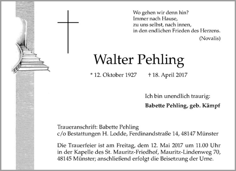  Traueranzeige für Walter Pehling vom 24.04.2017 aus Westfälische Nachrichten