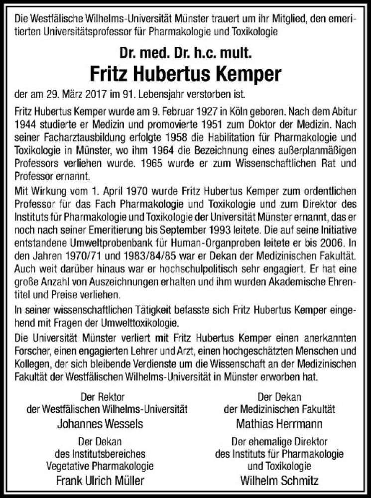  Traueranzeige für Fritz Hubertus Kemper vom 08.04.2017 aus Westfälische Nachrichten
