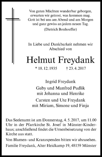 Anzeige von Helmut Freydank von Westfälische Nachrichten