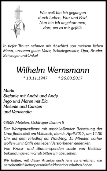 Anzeige von Wilhelm Wernsmann von Westfälische Nachrichten