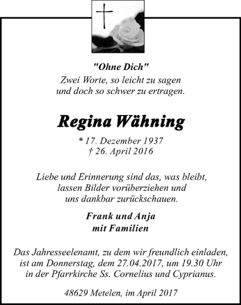  Traueranzeige für Regina Wähning vom 26.04.2017 aus Westfälische Nachrichten