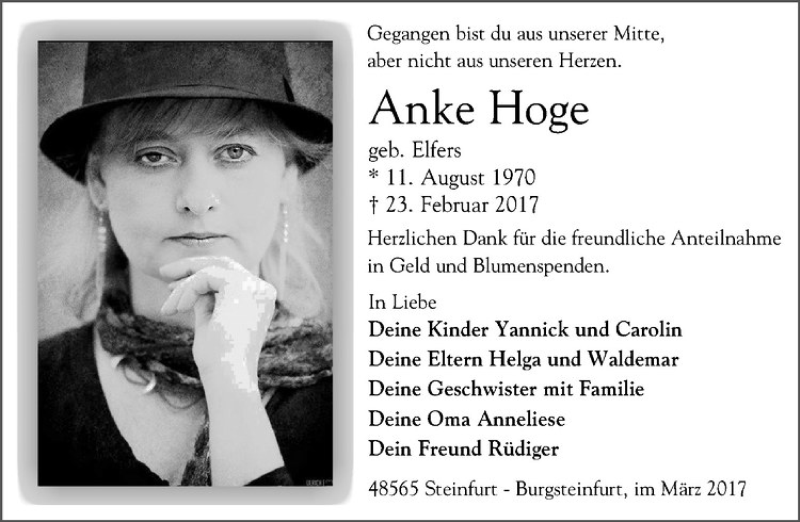  Traueranzeige für Anke Hoge vom 08.04.2017 aus Westfälische Nachrichten