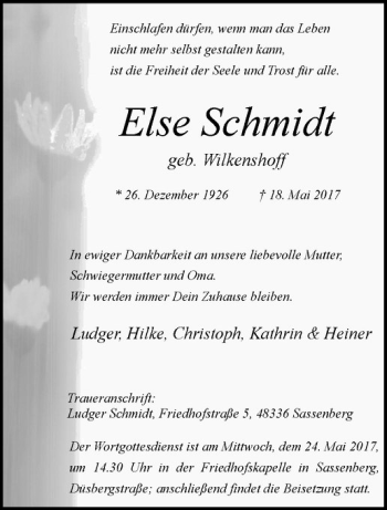 Anzeige von Else Schmidt von Westfälische Nachrichten