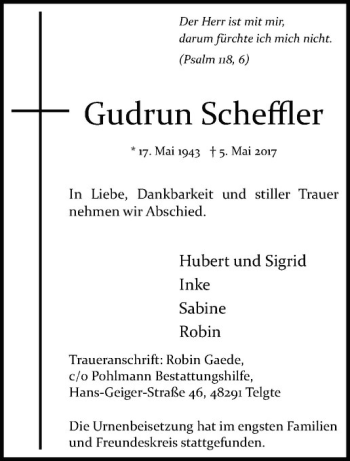 Anzeige von Gudrun Scheffler von Westfälische Nachrichten
