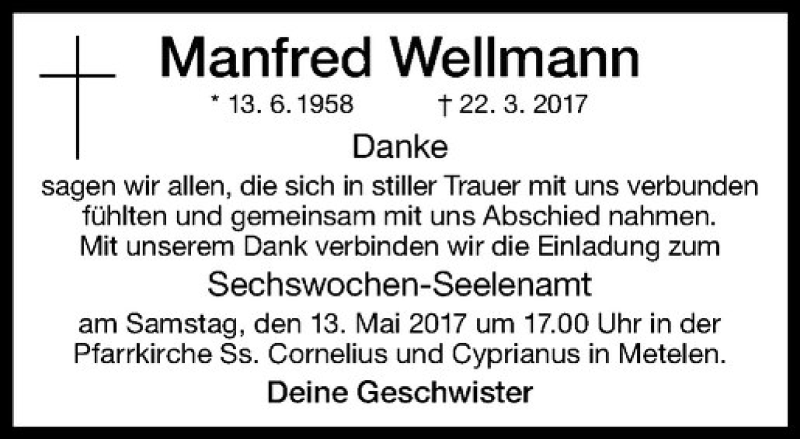  Traueranzeige für Manfred Wellmann vom 11.05.2017 aus Westfälische Nachrichten