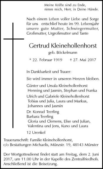 Anzeige von Gertrud Kleinehollenhorst von Westfälische Nachrichten