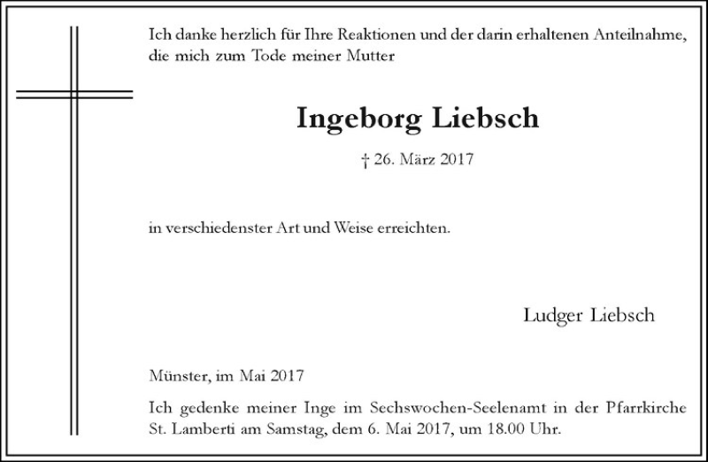  Traueranzeige für Ingeborg Liebsch vom 03.05.2017 aus Westfälische Nachrichten