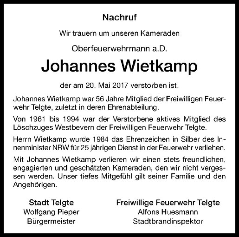  Traueranzeige für Johannes Wietkamp vom 27.05.2017 aus Westfälische Nachrichten