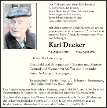 Anzeige von Karl Decker von Westfälische Nachrichten