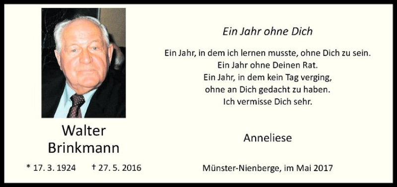 Traueranzeige für Walter Brinkmann vom 27.05.2017 aus Westfälische Nachrichten