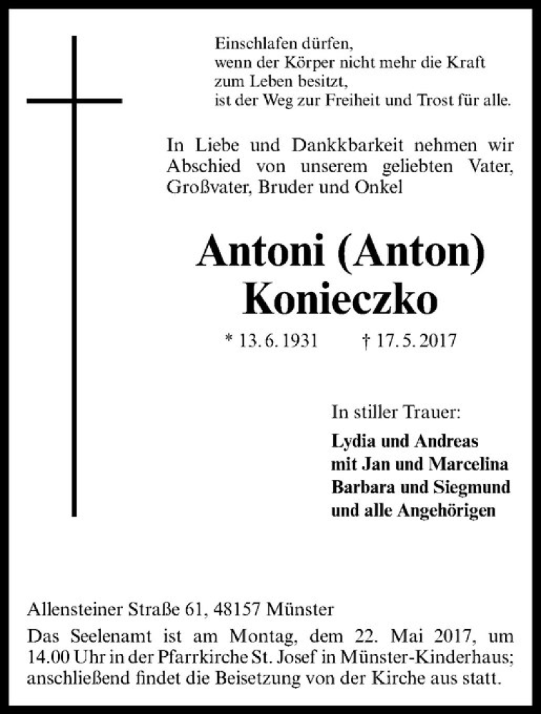  Traueranzeige für Antoni Konieczko vom 20.05.2017 aus Westfälische Nachrichten