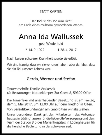 Anzeige von Anna Ida Wallussek von Westfälische Nachrichten