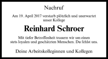 Anzeige von Reinhard Schroer von Westfälische Nachrichten
