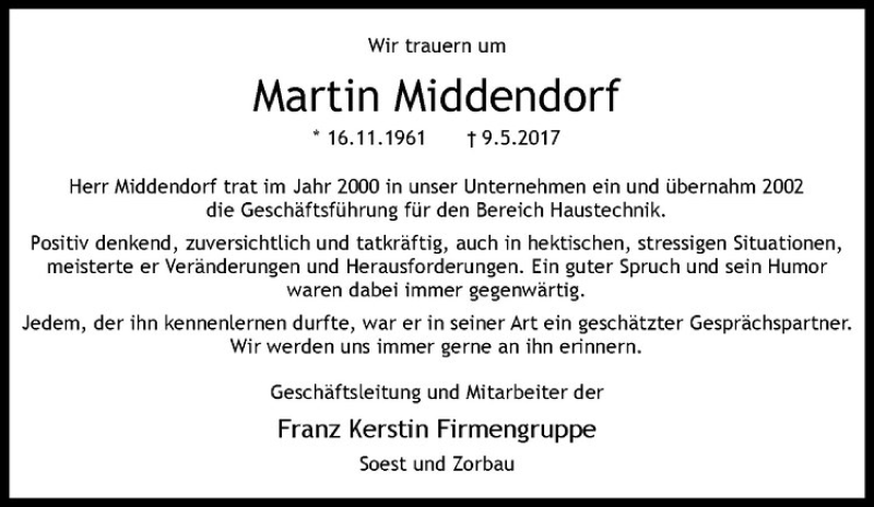  Traueranzeige für Martin Middendorf vom 17.05.2017 aus Westfälische Nachrichten