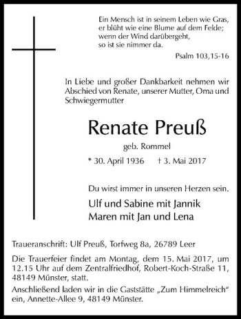 Anzeige von Renate Preuß von Westfälische Nachrichten