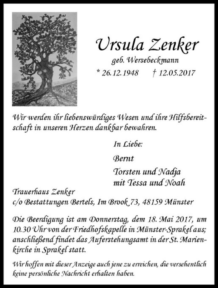  Traueranzeige für Ursula Zenker vom 13.05.2017 aus Westfälische Nachrichten