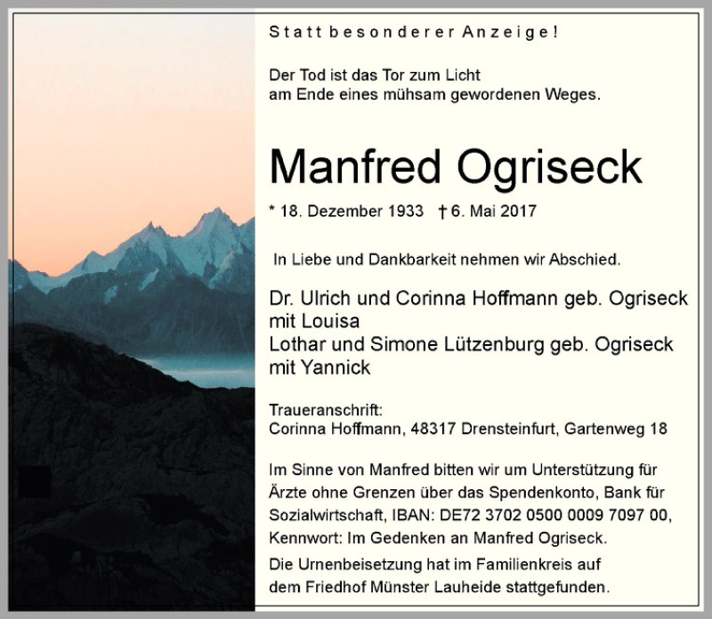  Traueranzeige für Manfred Ogriseck vom 27.05.2017 aus Westfälische Nachrichten
