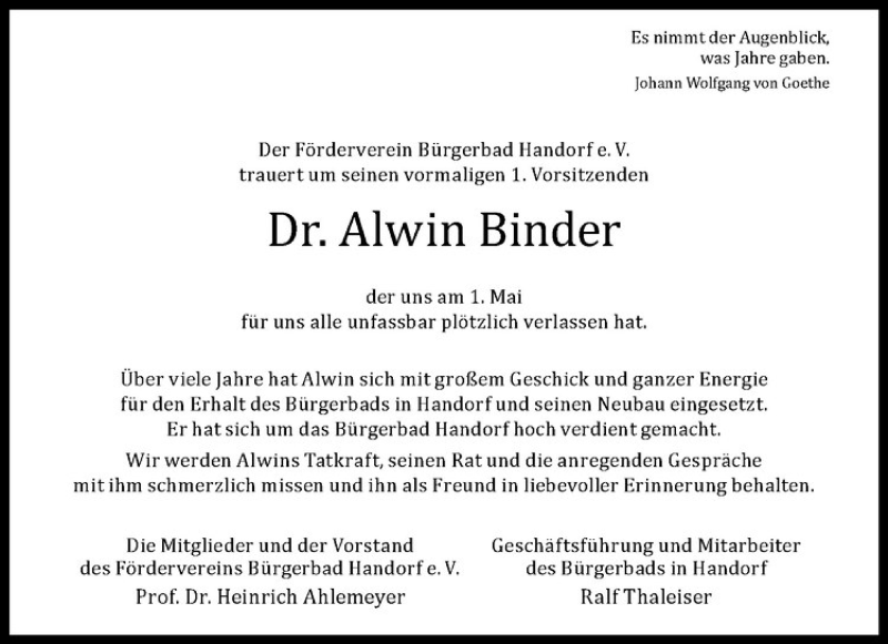  Traueranzeige für Alwin Binder vom 09.05.2017 aus Westfälische Nachrichten
